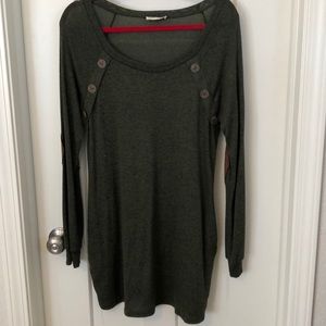 Green Tunic Sweater with brown buttons and patches